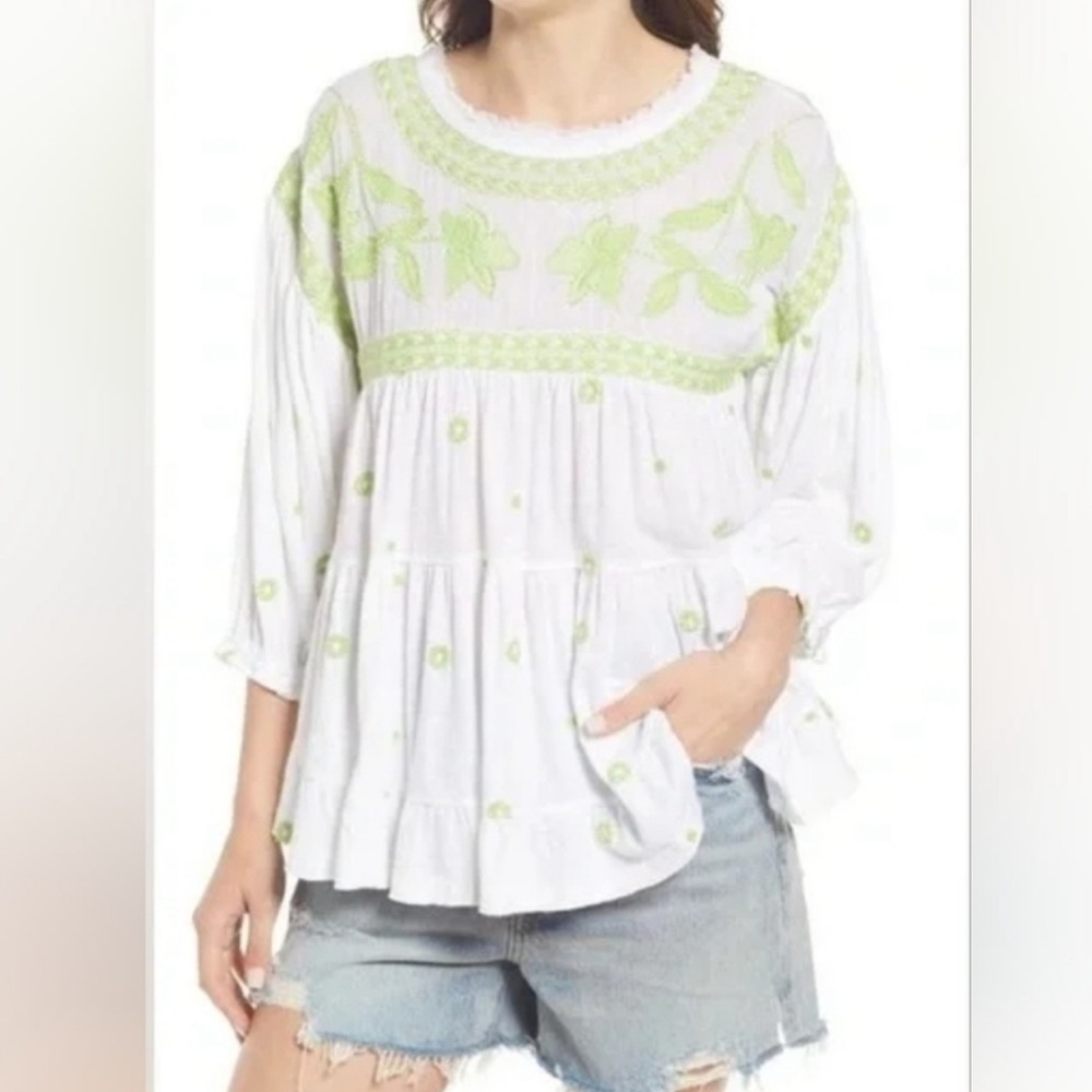 Free People Edie Embroidered Top White Combo NWT Size Small